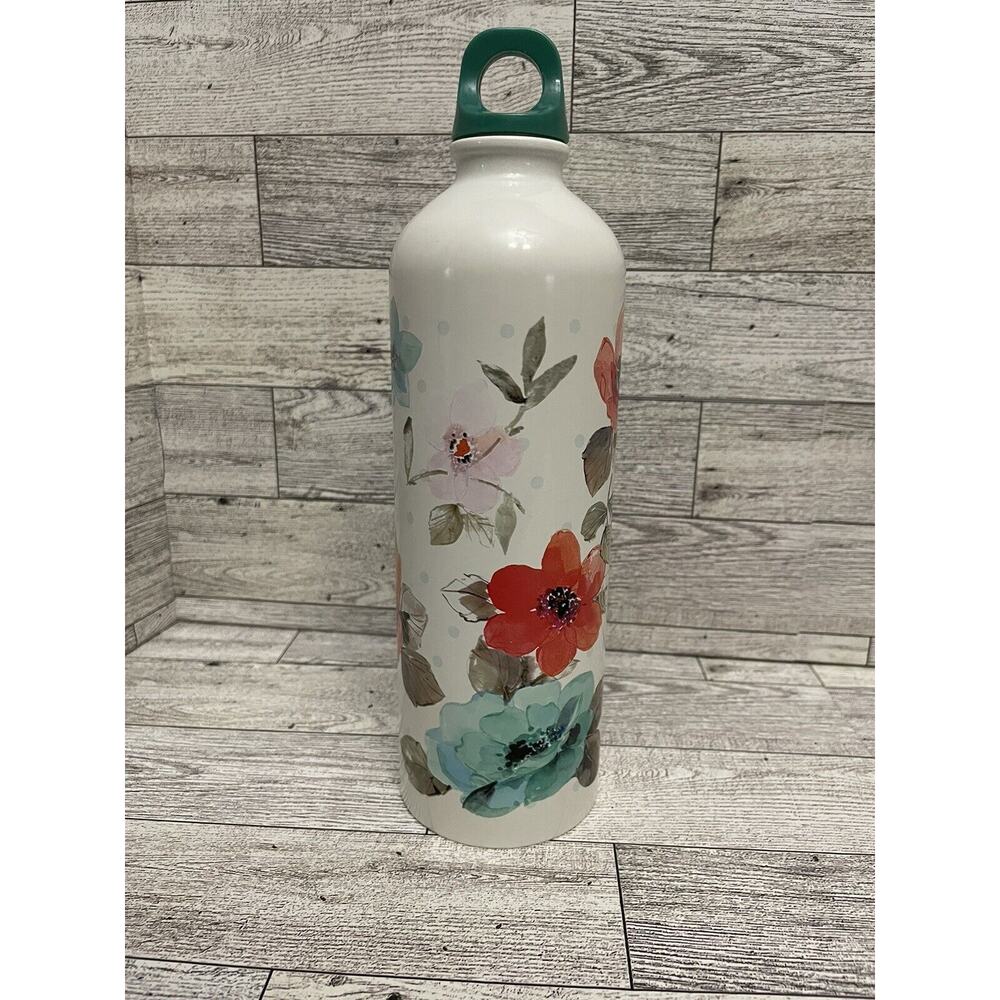 Pioneer Woman Vintage Floral Stainless Steel Water Bottle 25oz White Green Top